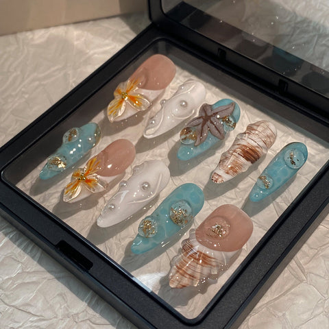 Blue Starfish Summer Beach nailsCarefully designed pure handmade press-on gel nails