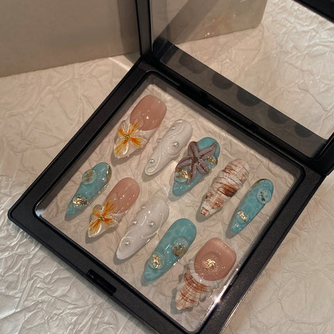 Blue Starfish Summer Beach nailsCarefully designed pure handmade press-on gel nails