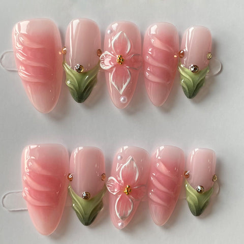 Pink Green AlmondCarefully designed pure handmade press-on gel nails