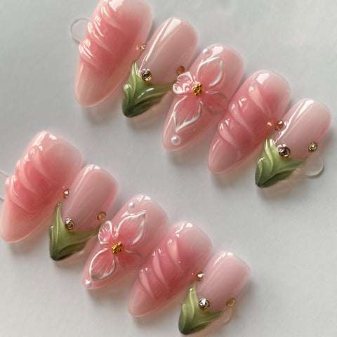 Pink Green AlmondCarefully designed pure handmade press-on gel nails