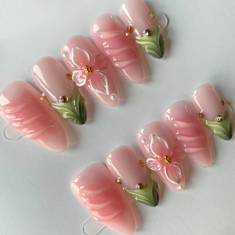 Pink Green AlmondCarefully designed pure handmade press-on gel nails