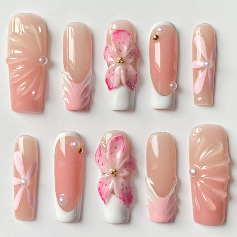 Pink Long Square NailsCarefully designed pure handmade press-on gel nails