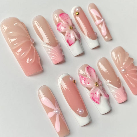Pink Long Square NailsCarefully designed pure handmade press-on gel nails