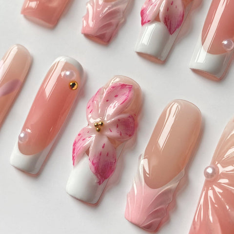 Pink Long Square NailsCarefully designed pure handmade press-on gel nails