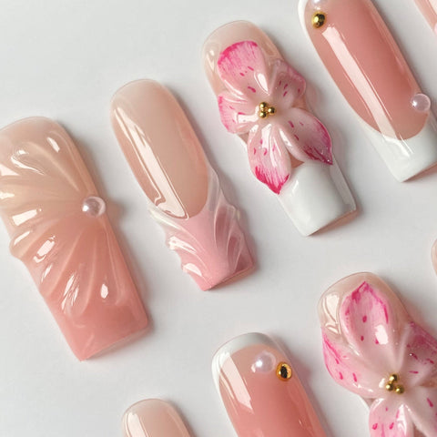 Pink Long Square NailsCarefully designed pure handmade press-on gel nails