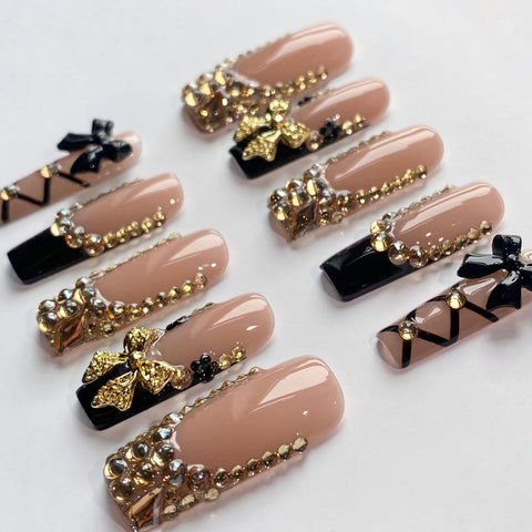 Black Long Square NailsCarefully designed pure handmade press-on gel nails