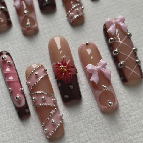 Bow Shaped Long Square NailsCarefully designed pure handmade press-on gel nails