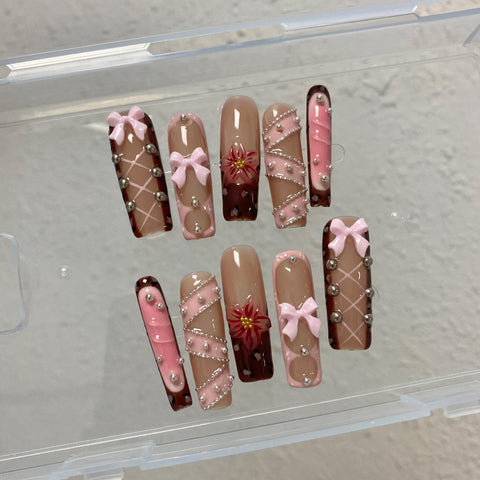 Bow Shaped Long Square NailsCarefully designed pure handmade press-on gel nails