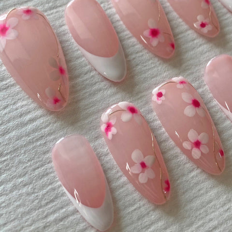 Hot SaleFrench Pink FlowerHandmade Artificial Gel Nail Press-On Nails