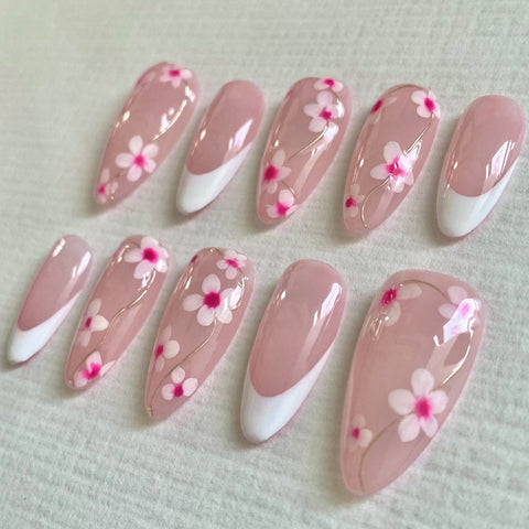 Hot SaleFrench Pink FlowerHandmade Artificial Gel Nail Press-On Nails