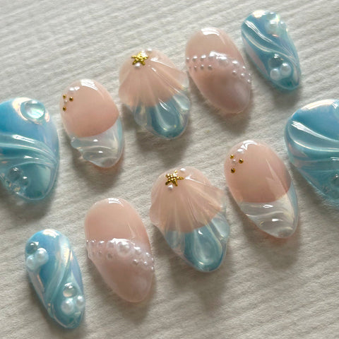 3D Blue Short Almond NailCarefully designed pure handmade press-on gel nails