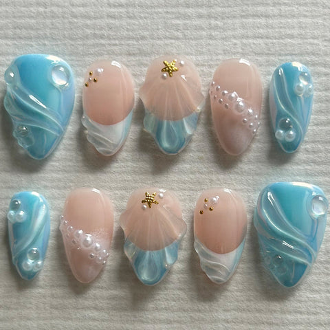3D Blue Short Almond NailCarefully designed pure handmade press-on gel nails