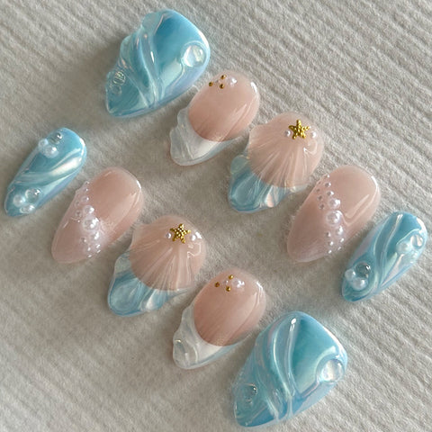 3D Blue Short Almond NailCarefully designed pure handmade press-on gel nails