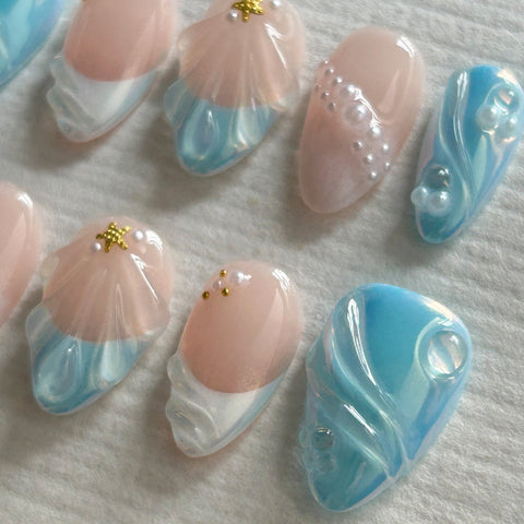 3D Blue Short Almond NailCarefully designed pure handmade press-on gel nails