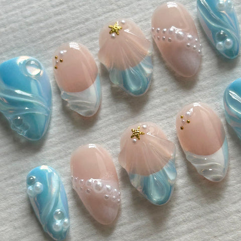 3D Blue Short Almond NailCarefully designed pure handmade press-on gel nails