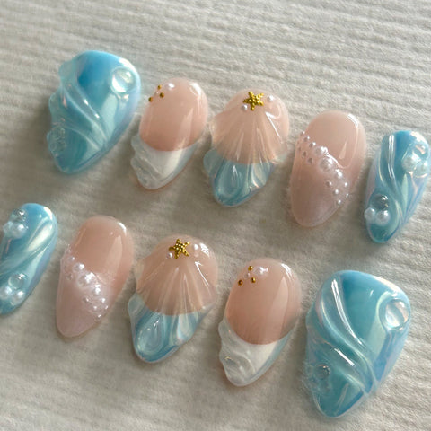 3D Blue Short Almond NailCarefully designed pure handmade press-on gel nails