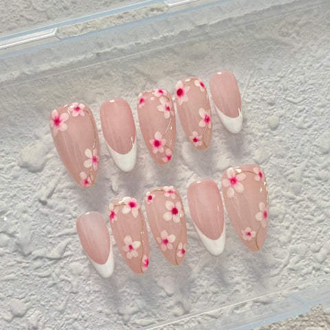 Hot SaleFrench Pink FlowerHandmade Artificial Gel Nail Press-On Nails
