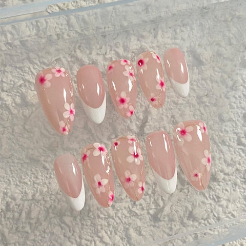 Hot SaleFrench Pink FlowerHandmade Artificial Gel Nail Press-On Nails