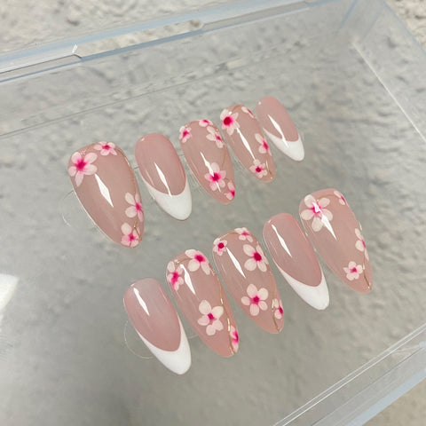 Hot SaleFrench Pink FlowerHandmade Artificial Gel Nail Press-On Nails