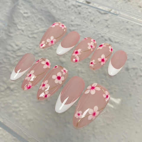 Hot SaleFrench Pink FlowerHandmade Artificial Gel Nail Press-On Nails