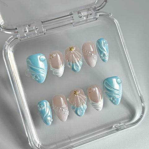 3D Blue Short Almond NailCarefully designed pure handmade press-on gel nails