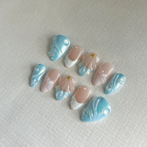 3D Blue Short Almond NailCarefully designed pure handmade press-on gel nails