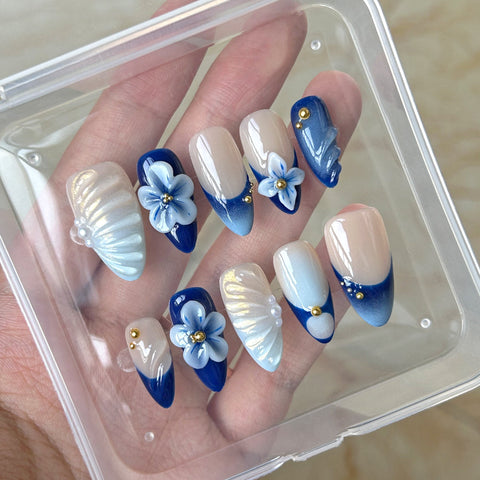 3D Blue White Flower Medium Long Almond NailCarefully designed pure handmade press-on gel nails