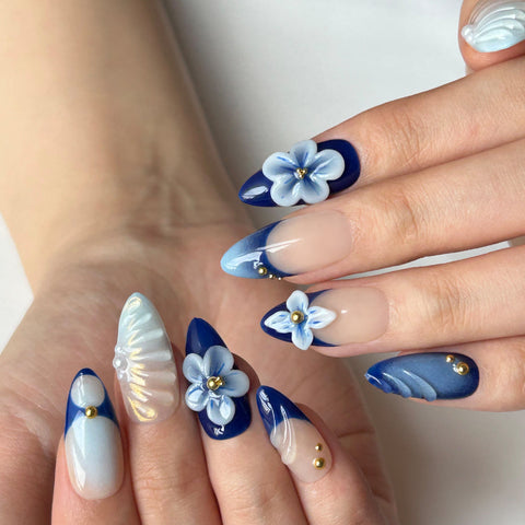 3D Blue White Flower Medium Long Almond NailCarefully designed pure handmade press-on gel nails