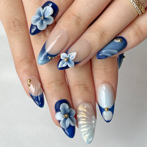 3D Blue White Flower Medium Long Almond NailCarefully designed pure handmade press-on gel nails