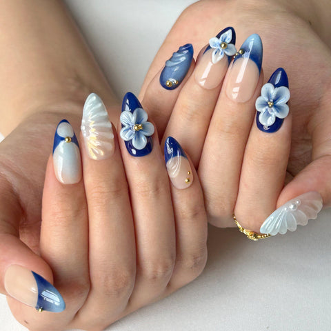 3D Blue White Flower Medium Long Almond NailCarefully designed pure handmade press-on gel nails