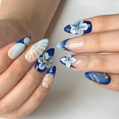 3D Blue White Flower Medium Long Almond NailCarefully designed pure handmade press-on gel nails