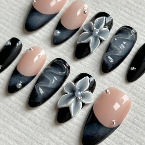 Black Floral Almond NailsCarefully designed pure handmade press-on gel nails