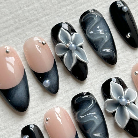 Black Floral Almond NailsCarefully designed pure handmade press-on gel nails