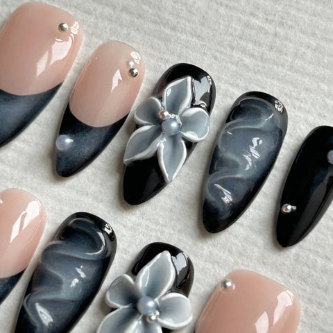 Black Floral Almond NailsCarefully designed pure handmade press-on gel nails