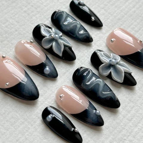 Black Floral Almond NailsCarefully designed pure handmade press-on gel nails