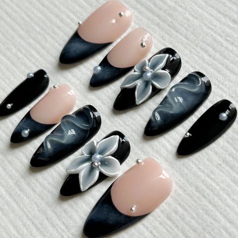 Black Floral Almond NailsCarefully designed pure handmade press-on gel nails