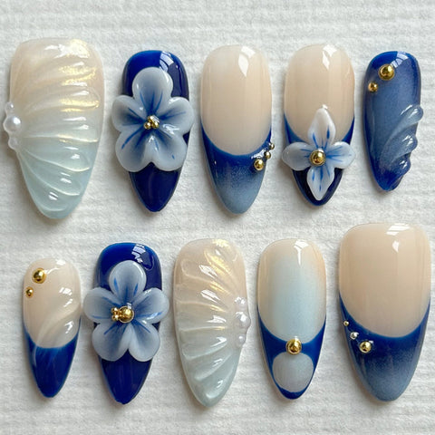 3D Blue White Flower Medium Long Almond NailCarefully designed pure handmade press-on gel nails