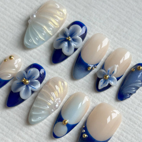 3D Blue White Flower Medium Long Almond NailCarefully designed pure handmade press-on gel nails
