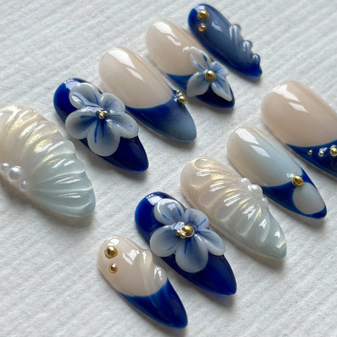3D Blue White Flower Medium Long Almond NailCarefully designed pure handmade press-on gel nails