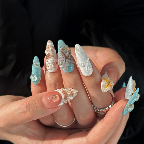 Blue Starfish Summer Beach nailsCarefully designed pure handmade press-on gel nails