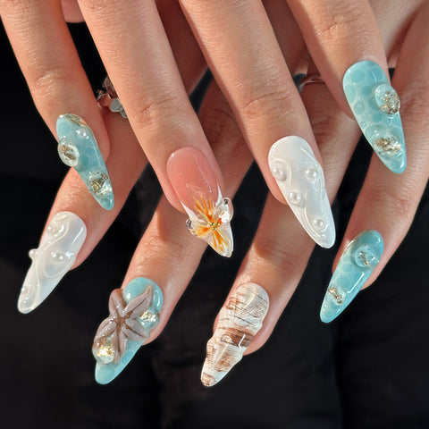 Blue Starfish Summer Beach nailsCarefully designed pure handmade press-on gel nails