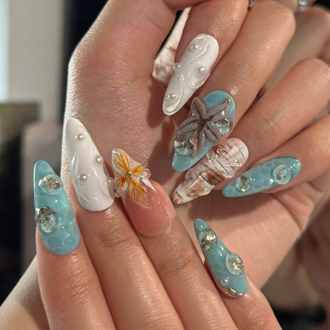 Blue Starfish Summer Beach nailsCarefully designed pure handmade press-on gel nails