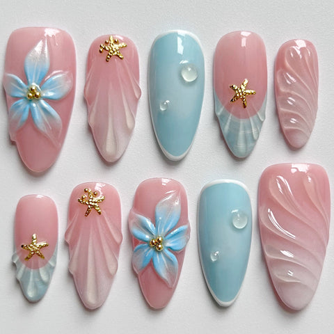 3D Pink Blue Shell NailCarefully designed pure handmade press-on gel nails