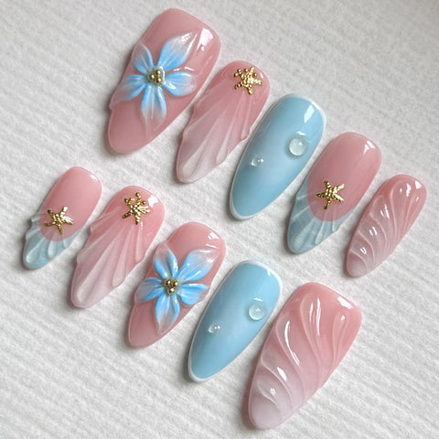 3D Pink Blue Shell NailCarefully designed pure handmade press-on gel nails