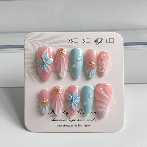 3D Pink Blue Shell NailCarefully designed pure handmade press-on gel nails