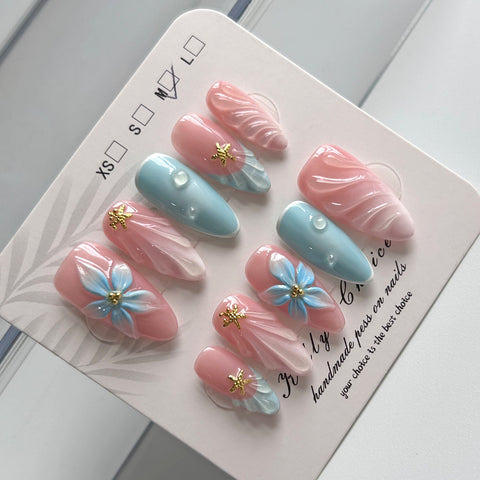 3D Pink Blue Shell NailCarefully designed pure handmade press-on gel nails