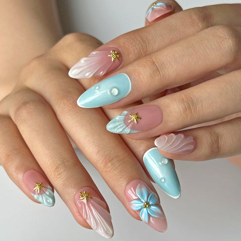 3D Pink Blue Shell NailCarefully designed pure handmade press-on gel nails