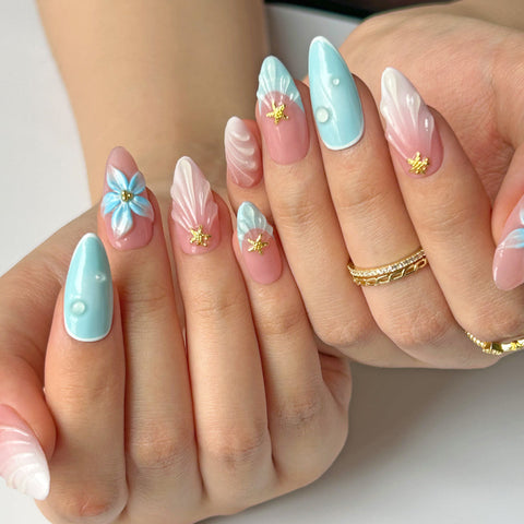 3D Pink Blue Shell NailCarefully designed pure handmade press-on gel nails