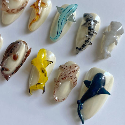 3D Handmade Shark World NailsCarefully designed pure handmade press-on gel nails