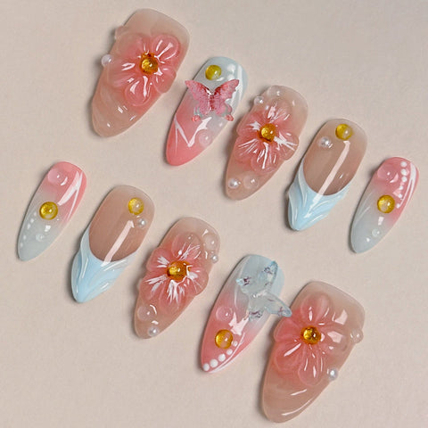 Hot SaleFrench Pink Blue Almond NailHandmade Artificial Gel Nail Press-On Nails